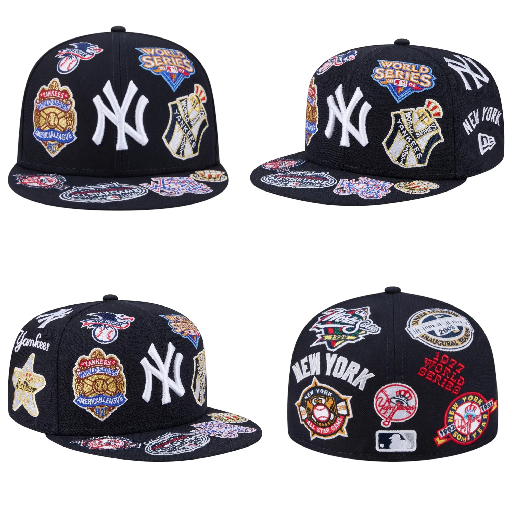 New Era New York Yankees 59FIFTY Fitted Hat – All Over Embroidered Patch Flat Brim Streetwear Hat