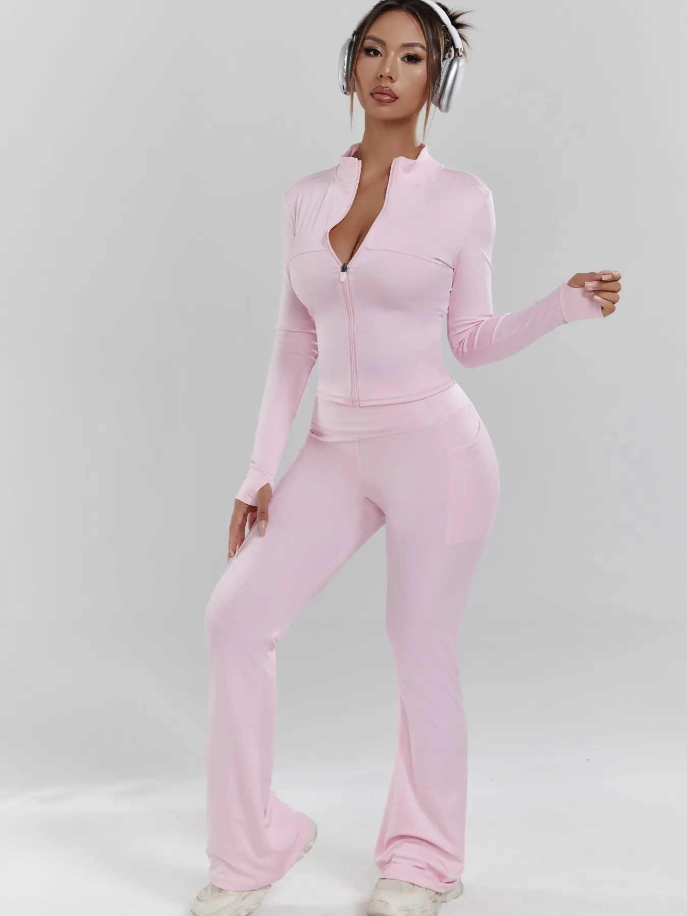 Women's Four-Season Long Sleeve Set, Fitness Set, Athletic Sportswear, Outdoor Fitness Activewear, Thumb Hole Zipper Sweatshirt & High-Waist Pants, Sporty Style, Comfortable for Outdoor Activities