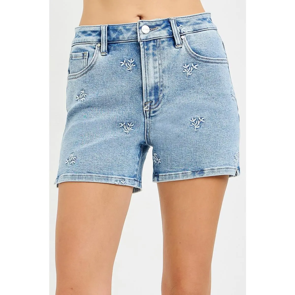 RISEN High Rise Denim Shorts with Embroidered Detail