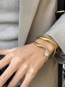 Classic 18K Plated Gold Color Water Droplet White Zircon Wave Opening Bracelet Exquisite Trendy Bracelet Women Waterproof Stainless Steel Bracelets Elegant Jewelry Bracelet