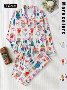 Elegant Women's Spring Autumn Pajama Set, Heart Pattern Long Sleeve Top  & Soft Comfortable Pants, Perfect for Home Wear