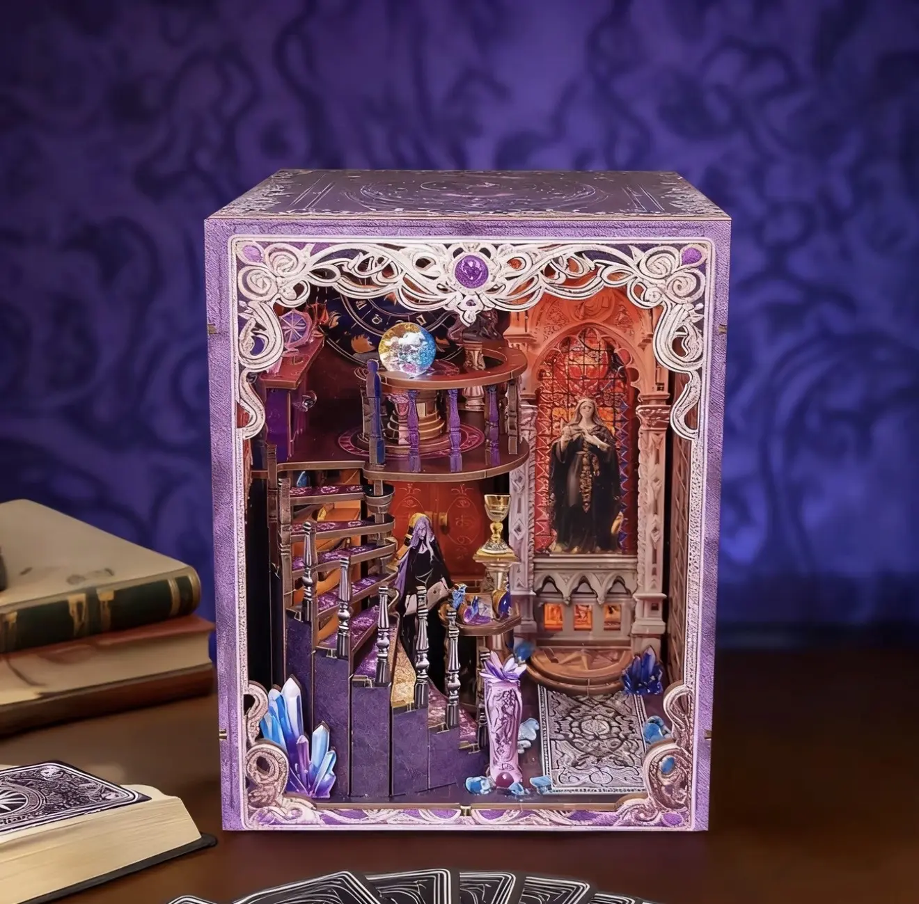 Tarot Society Book Nook Kit with Light, DIY Miniature House Kit, Wooden Handmade Puzzle Bookend, Decorative Model, Wooden Puzzle Dollhouse, Magic World Wooden House Kit, Light Gift for Adults
