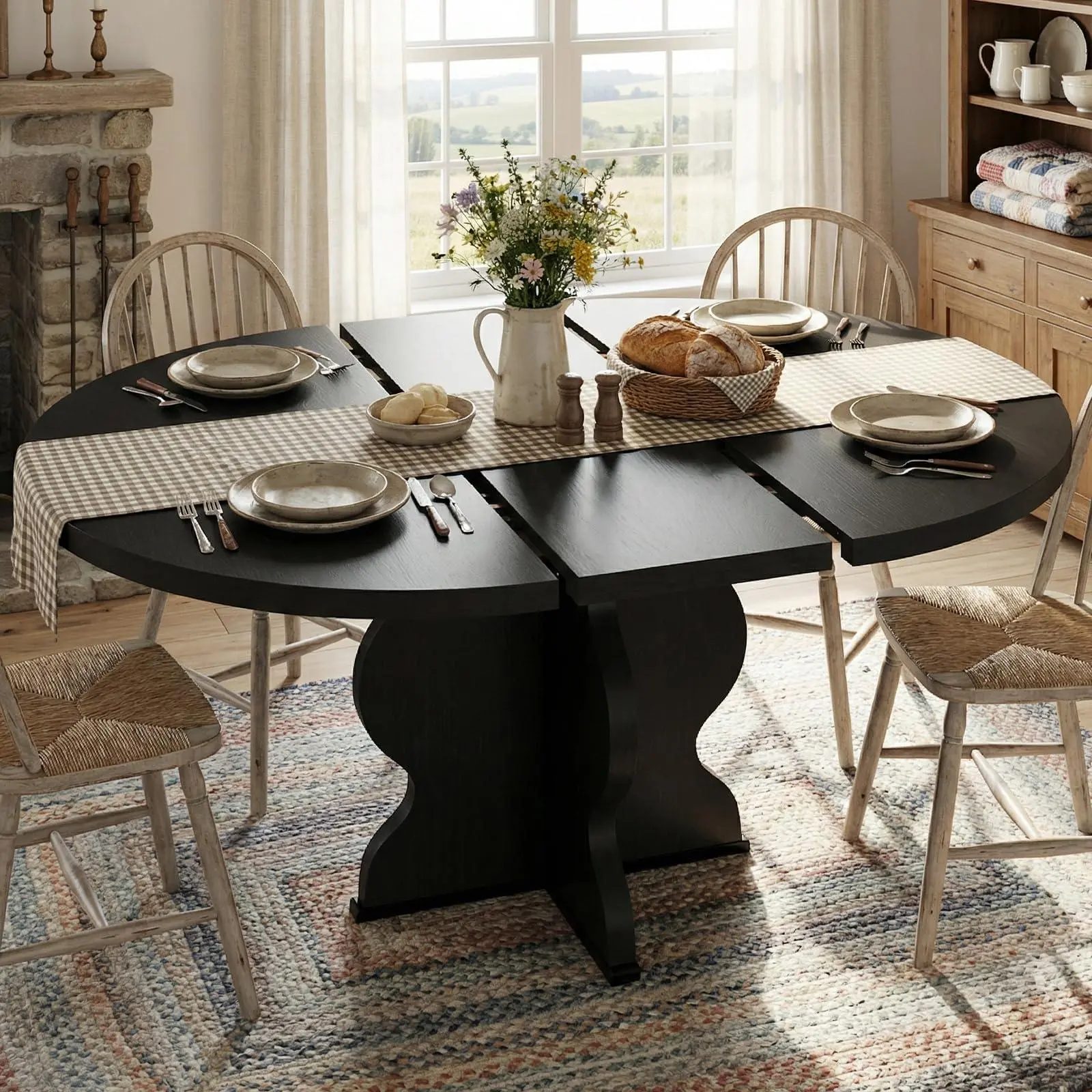 Rustic Black 47"-63" Extendable Dining Table for 4-8, Farmhouse Round Wooden Dining Room Table w/Wavey Legs, Circle, Oval, Space-Saving, Sturdy Thick Pedestal Base, for Kitchen, Apartment