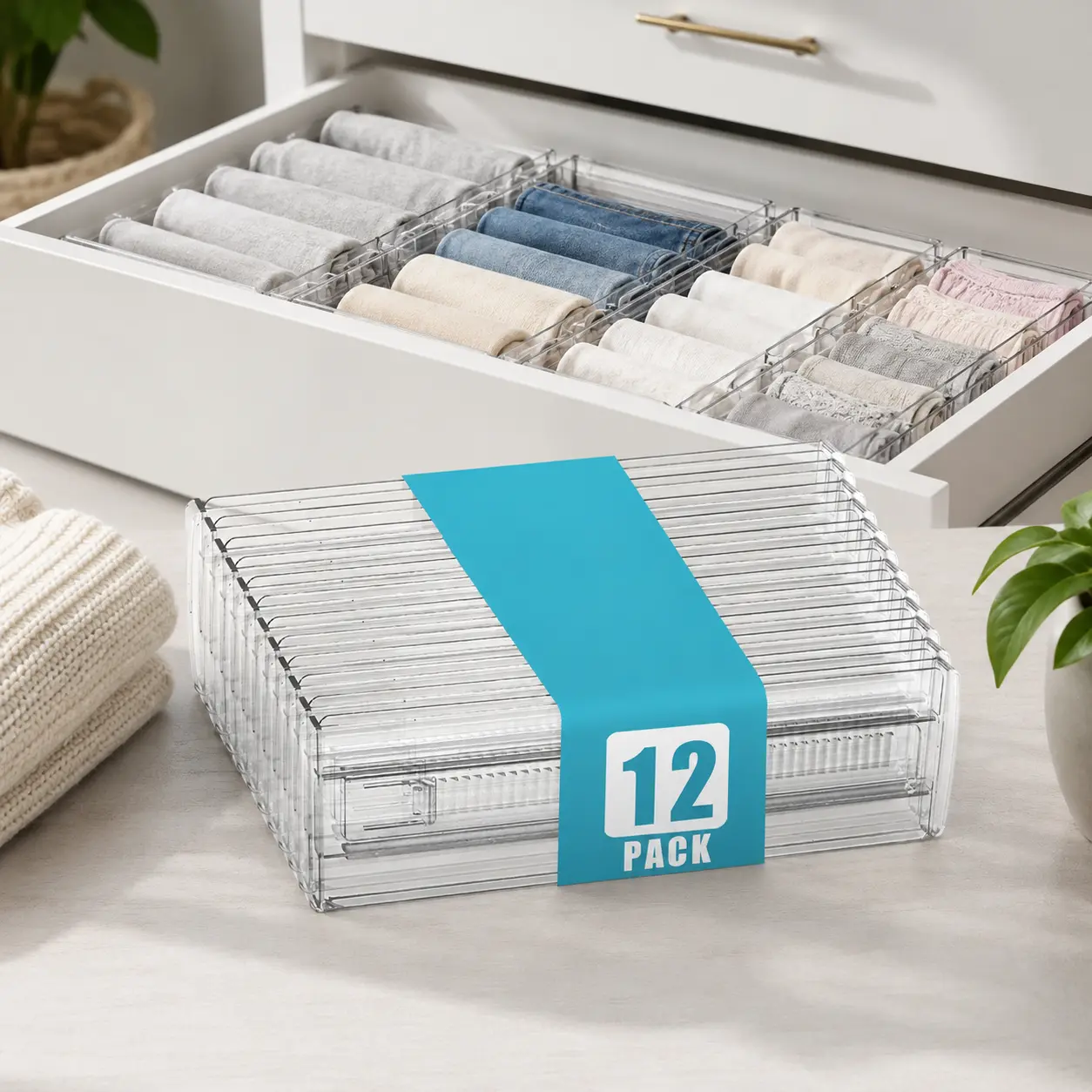 12 Pack Adjustable Clear Drawer Dividers, Expandable 11.3-20 inch Drawer Organizer Separators, 3.2" High Transparent Storage Dividers for Kitchen Utensils, Clothes, Makeup & Bathroom Organization