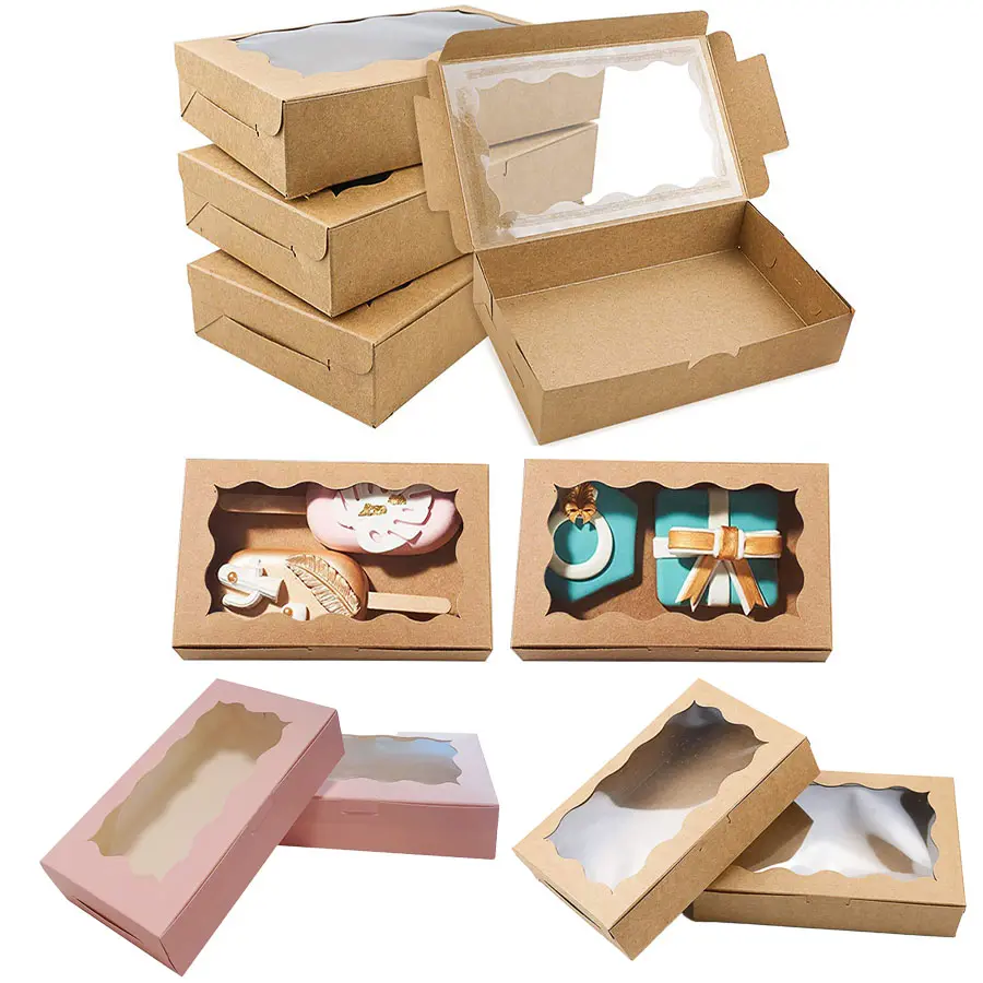 12Pcs/set Rectangular Kraft Paper Pizza Box with Window, Cookie Box, Cake Knife Box, Macaron Box, Bakery Box, Chocolate Bomb Box, Gift Packaging, Baking Accessories