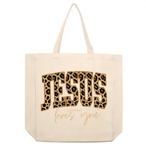 Women’s Christian Canvas Tote Bag, Jesus Loves You Leopard Print Graphic Sports Outdoors Bag for Shopping, Travel, Church, Daily Use and Gift Ideas