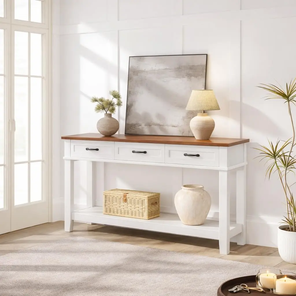 Console Table 54 Inch with 3 Drawers & Open Shelf – Narrow Hallway/Sofa Table, Waterproof, Easy to Clean
