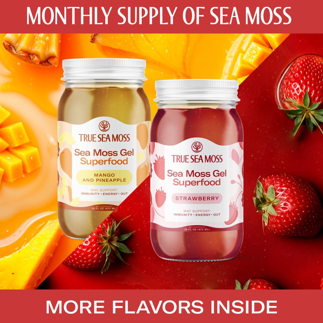 True Sea Moss 2-Bottle Bundle: Mango-Pineapple & Strawberry – Rich in Essential Minerals & Vitamins – supports overall v