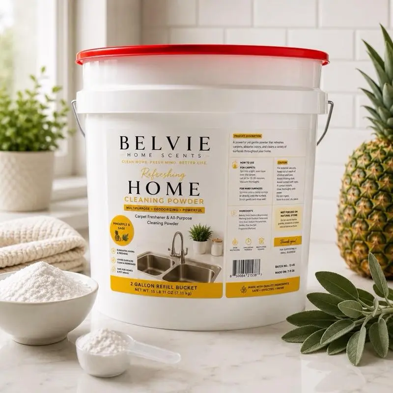 BELVIE Scented Household Multi-Functional Cleaner, 2-Gal Pineapple & Sage Refreshing Powder, Carpet Freshener, Trash Cans Refill Bucket