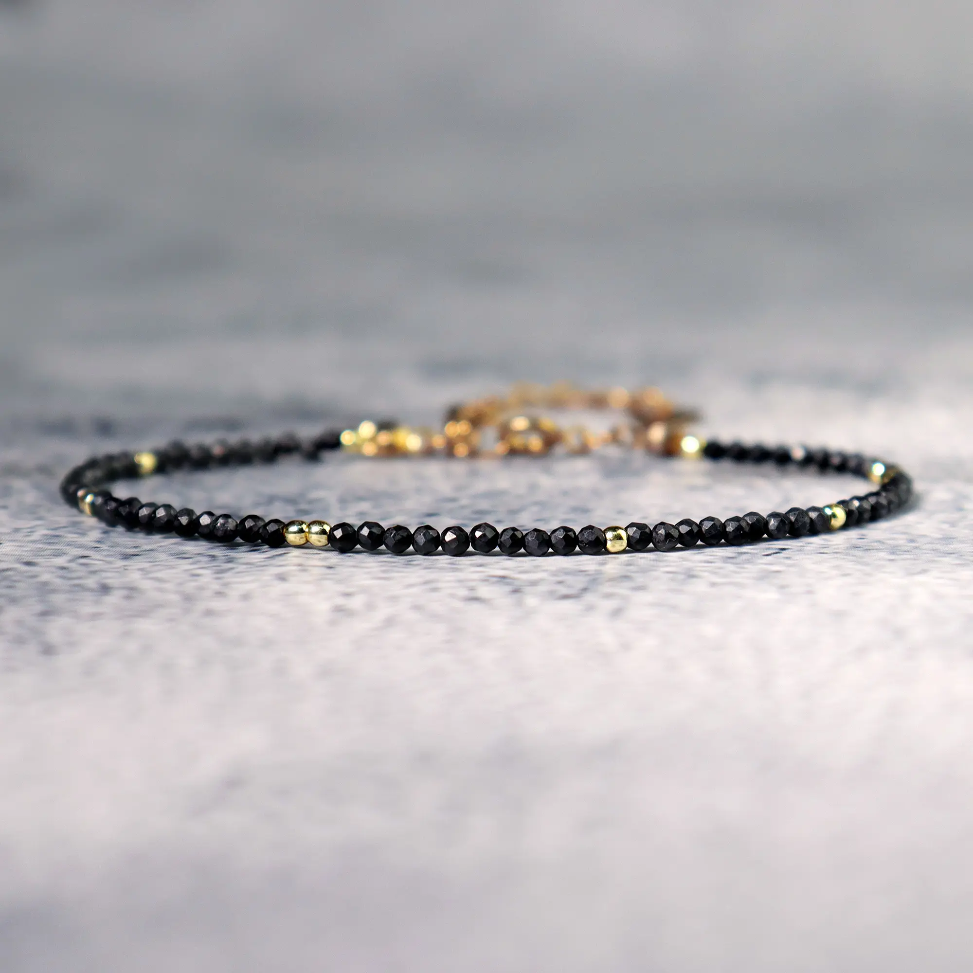 Women's Natural Dainty Shungite 2.5mm Tiny Beads Crystal Healing Chakra Bracelet, Gold-Plated Minimalist Chain, Solstice Gemstone Anklet Gift