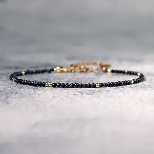 Natural Dainty Shungite Stone 2.5mm Tiny Beads Crystal Healing Charka Crystal Gold-Plated Chain Minimalist Bracelet Gift for Women Solstice Gemstone Anklet