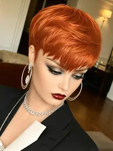 Short Pixie Cut Human Hair Wig with Bangs, Orange 99j Natural Color, Full Machine Made, Natural Looking, Daily Wear Wig for Women