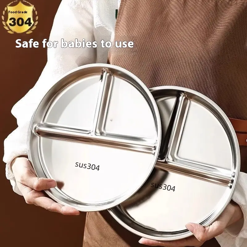 【4 Pack】304 Stainless Steel Plates, 4 Pack 304 Stainless Steel Divided Plates Stainless Steel Plate Portion Control Plates, Plates With Dividers Metal Plates For Camping, Picnic, Home,9"X 9"