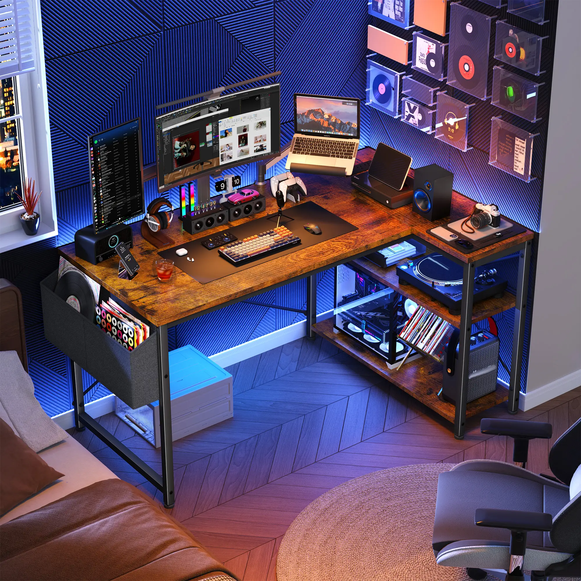 【Falldecor】Raybee Furniture Computer Desk with Power Outlets,L Shaped Gaming Desk with Storage Shelves,Home Office Corner Desk for Work, Study for Bed