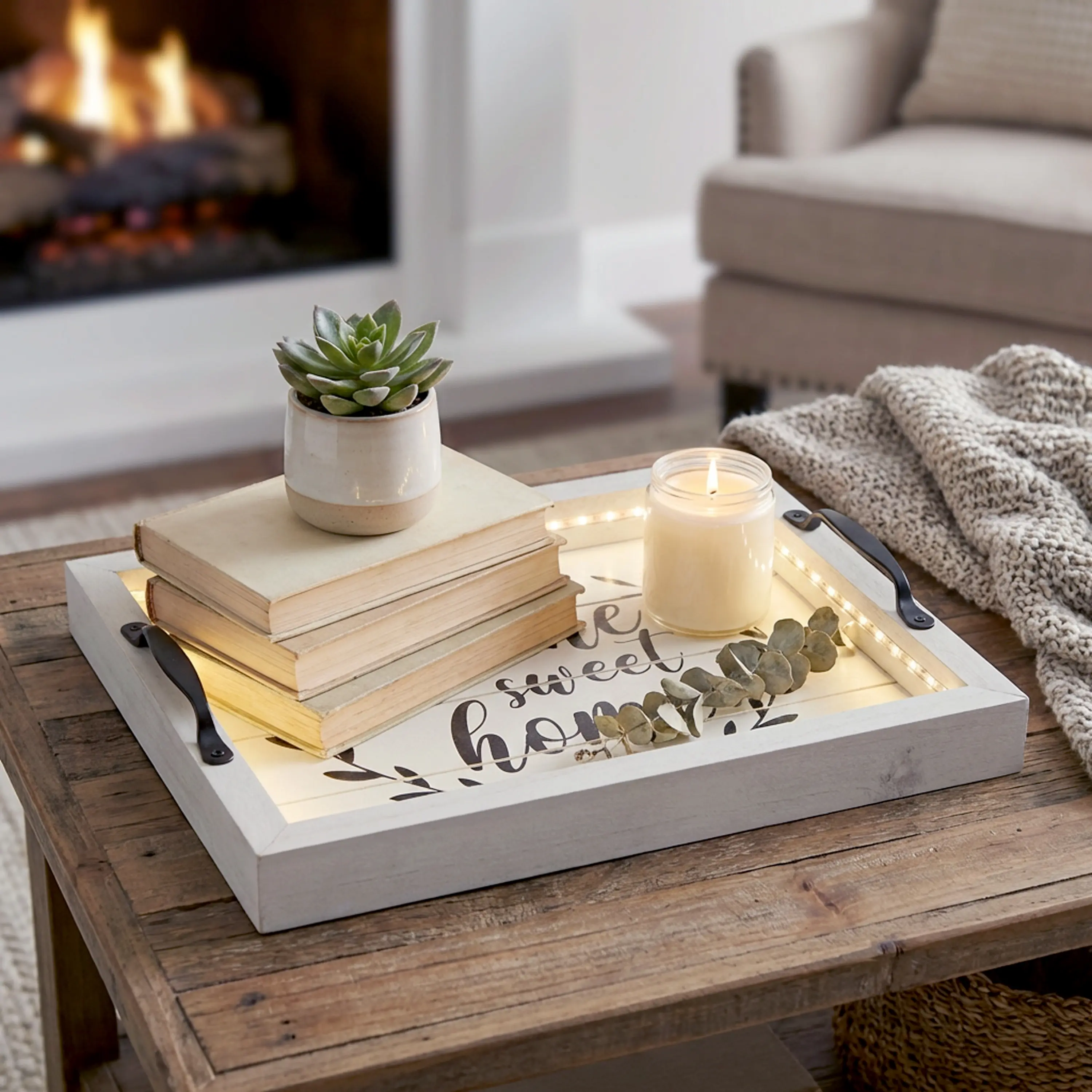 Verona Home Sweet Home Wooden Serving Tray with LED, White & Black, 15.5"L