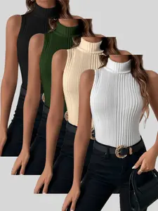 Elegant Women's Solid Color Sleeveless High Neck Top Set, Casual Home Wear, Sleepwear, Four-Piece Vest Set, Fashionable and Versatile