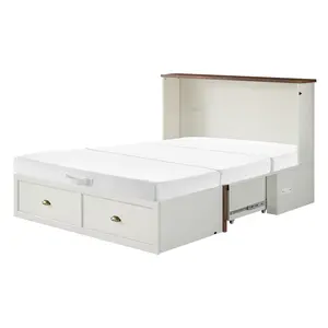 [SummerVibes]AMERLIFE Murphy Bed, Farmhouse Cabinet Bed Frame with Charging Station and Storage Drawer for Bedroom/Office/Guest Room