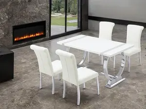 FM37007SV-WH-5PC 5 pc Holbaek silver finish base white top modern 60" dining table set white fabric chairs