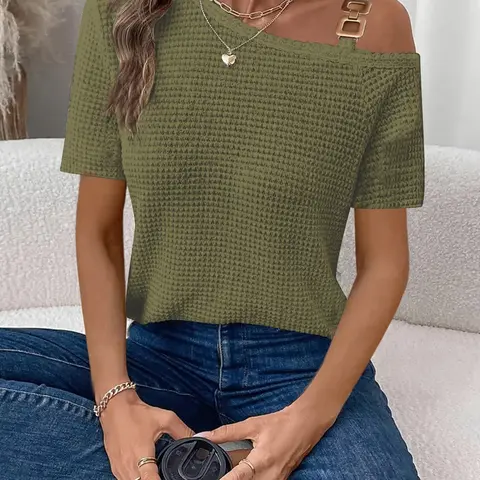 Minimalist Off-Shoulder T-Shirt, Metal Buckle Shoulder Straps, Casual Short Sleeve, Classic Solid Color, Medium Length, Loose-Fitting, Flowy Summer Tops, Top, Womenswear