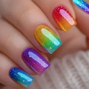 24 Pcs Short Square Nail Tips, Rainbow Gradient Glitter False Nails, Removable Manicure Stickers, Shiny Starry Design, Suitable for Women