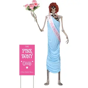 5 Pcs 12 Ft Skeleton Costume Accessories Set Pink Bony Club 12 Foot Skeleton Outfits Including Skirt Stole Wig Flowers Signage for Halloween Outdoor Garden Lawn Party Decorations