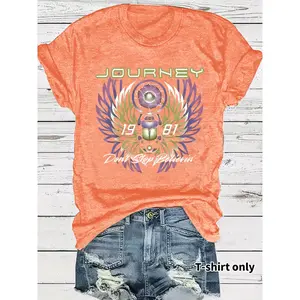 Women's Printed Rock Heritage Top, Journey Don't Stop Believin' 1981 Print, Short Sleeve Round Neck Casual Shirt, Medium Stretch