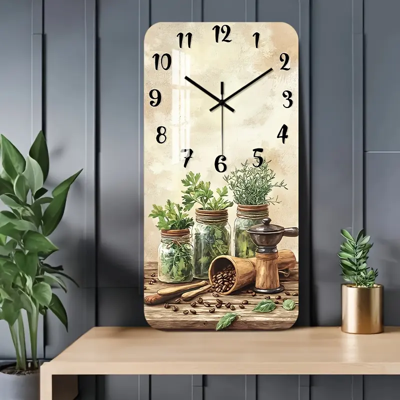 1pc of a Non-Ticking Wooden 2D Flat Wall Clock, Featuring a Decorative Square Design. It Showcases a Rustic Kitchen Scene with Herbs And Coffee Beans, Suitable for a Bedroom, Living Room, Dining Area, Hallway, Or Study. (Battery Not Included)