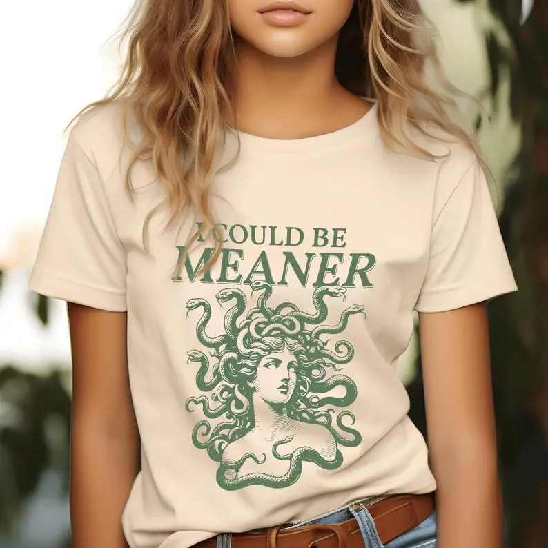 Women's Sarcastic Medusa Graphic T-Shirt, 90s Retro Vintage Greek Myth Cotton Tee, Short Sleeve Round Neck Streetwear, Greek Myth Art, Made-To-Order