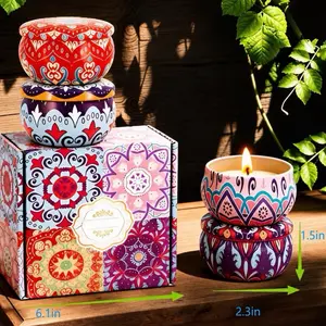 4-Piece Hand-Painted Boho Tin Soy Wax Candles Set - Fragrance Aromatherapy Reusable Room Decor, Unique Gift Box for Home Supplies