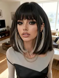 Dyed Bob Wig Short Straight Hair with Bangs, Natural Soft Y2K Style, Fashionable for Daily and Party Use