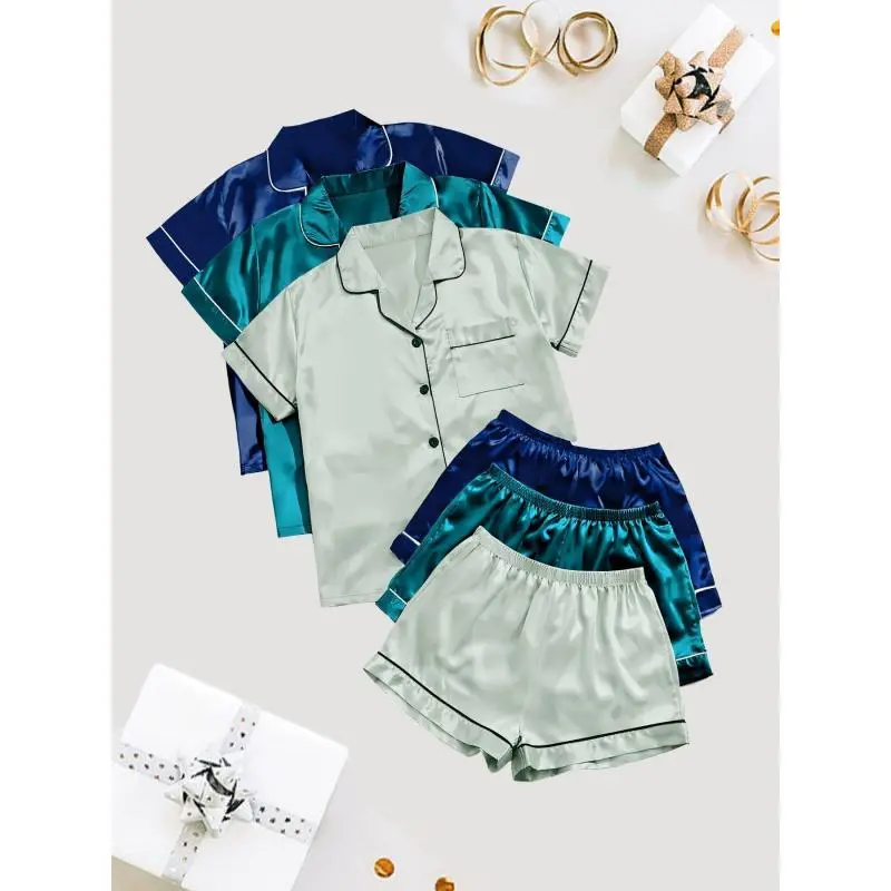 Mikov WOMEN'S solid satin pyjama set, short sleeve button front lapel shirt & contrast binding shorts PJ set, sleepwear set Casual Loungewear Womenswear Chic