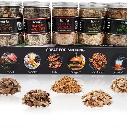 Homia Cocktail Smoker Kit of Wood Chips - 5 pcs x 8.4 oz with Apple, Cherry, Hickory, Pecan, Oak for Food & Cocktail Smokers