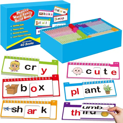 Torlam 40 Phonics Word Family Build & Read-Rhyme Flip Book Set with Phonics Flash Cards, Vocabulary Flash Cards, Kids Toys for Preschoolers, Enhances Reading Fluency, Classroom Activities, Engaging Exercises (Parents’ Tool)