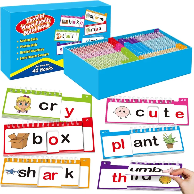 Torlam 40 Phonics Word Family Build & Read-Rhyme Flip Book Set with Phonics Flash Cards, Vocabulary Flash Cards, Kids Toys for Preschoolers, Enhances Reading Fluency, Classroom Activities, Engaging Exercises (Parents’ Tool)