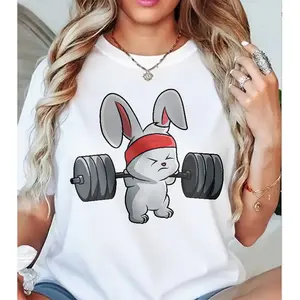 Gym Bunny Weightlifting Rabbit Funny Fitness Workout Lover Cotton Graphic Tshirt