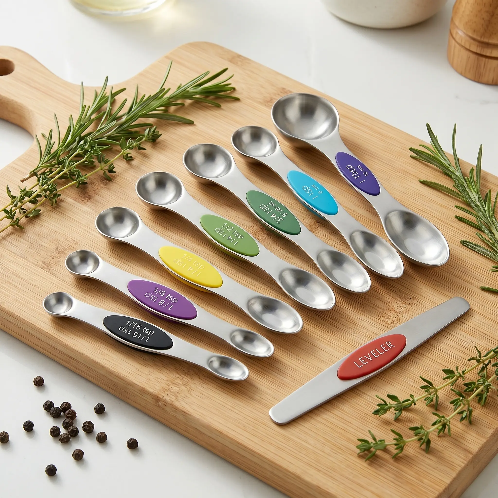9 Pack Magnetic Stainless Steel Measuring Spoons Set, Color Coded Stackable Double Sided Measuring Spoons with Leveler, US & Metric Markings, Kitchen Baking Cooking Essential Tools