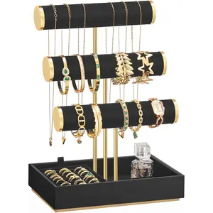Bracelet Holder Stand,  Display Stand,  Organizer, with 3 Tiers and  Tray, Removable Ring Holder, Ink Black UJJS027B01