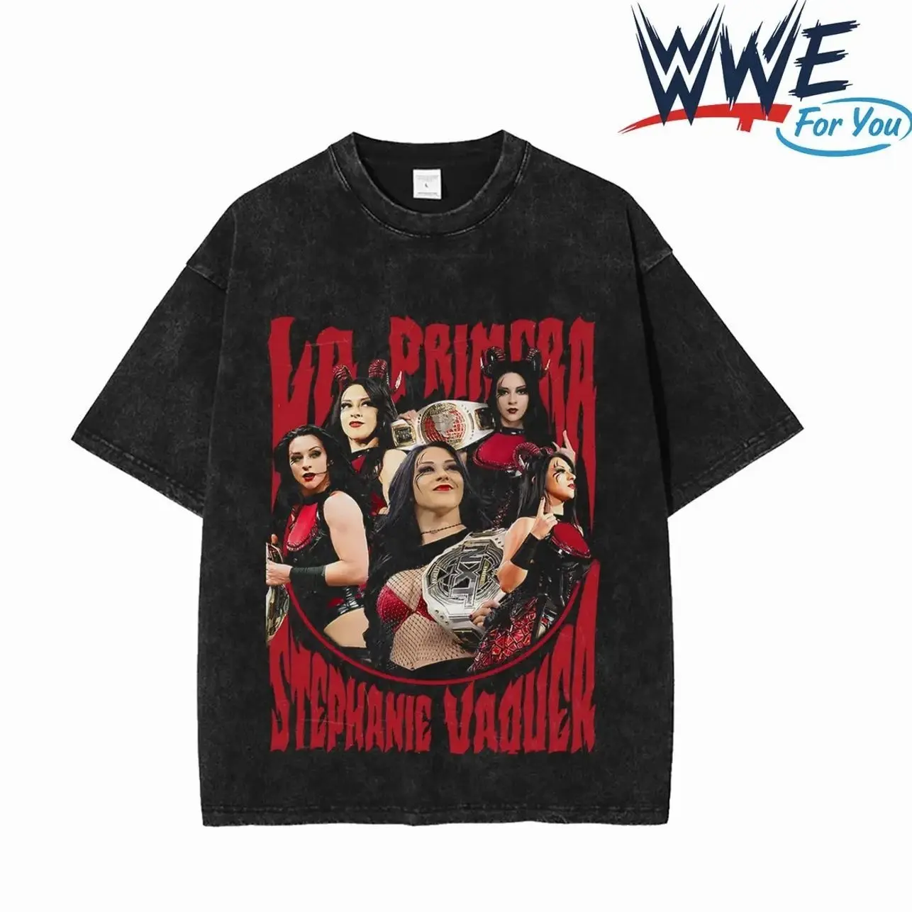 WFU - Stephanie Vaquer Washed Black T-Shirt WWE La Primera Womens Wrestling Graphic Tee Vintage Acid Wash Oversized Unisex Streetwear 100% Cotton Crewneck Size S-5XL fan 3IO