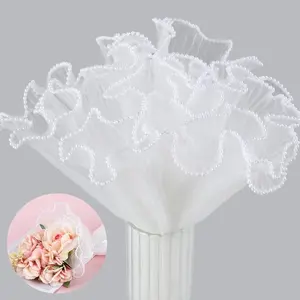 320cm White Flower Wrapping Mesh Paper Pearl Edge Bouquet Packaging Wrinkled Translucent Floral Wrapping Mesh Paper for Flower Bouquet DIY Crafts Decorations Gift Wrapping Supplies