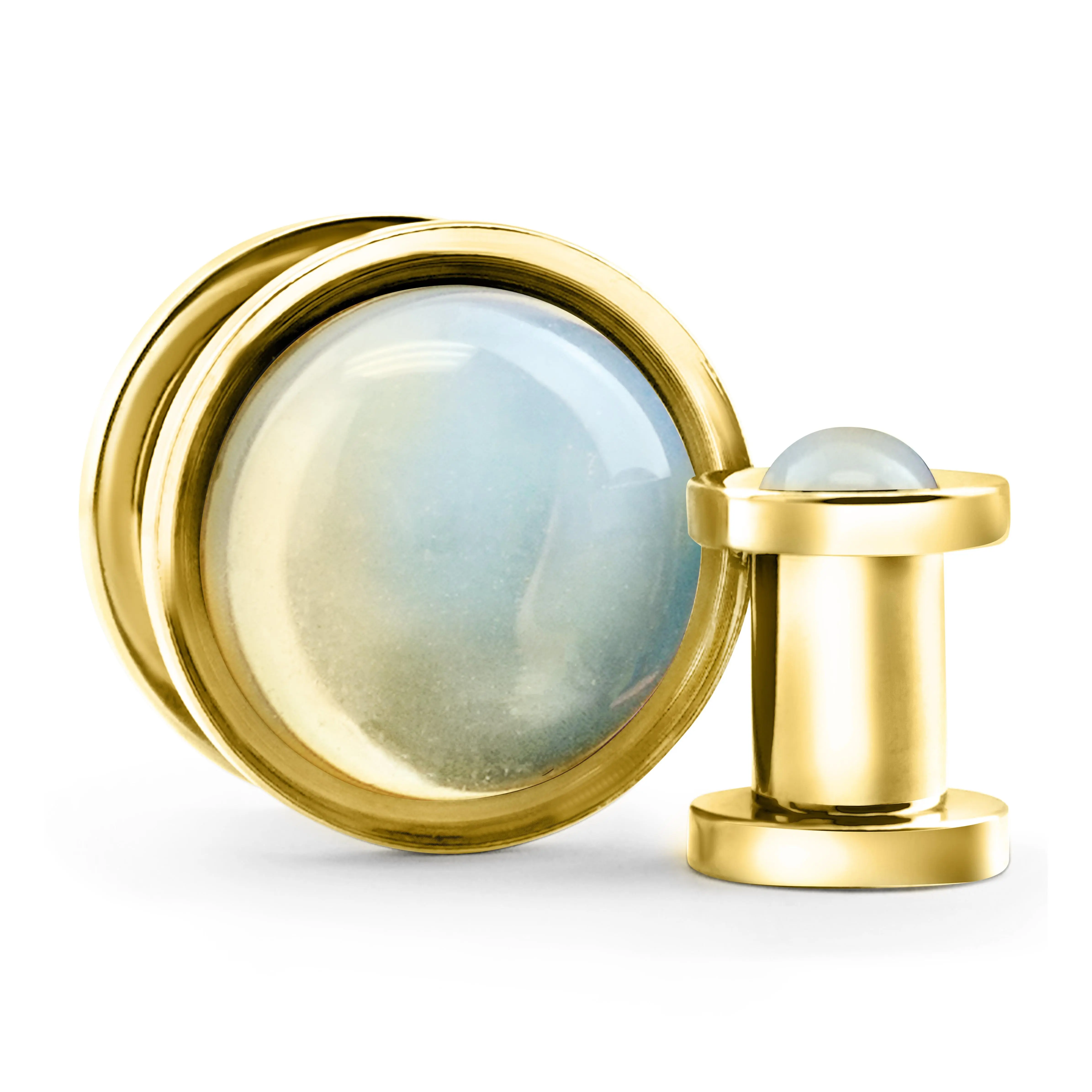 Gold PVD Cabochon White Opalite Stainless Steel Screw Back Tunnel Plugs
