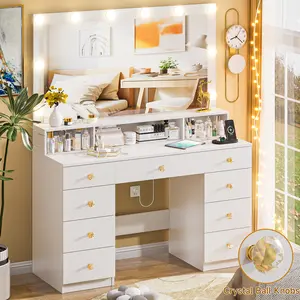 Makeup Desk with Mirror, 10 Lights & Power Strip, 7 Drawers, White Bedside Table with Shelves & 3 Color Adjustable Lights for Home Organization