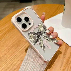 Camo Bow Pattern Clear Magnetic Phone Case , Support MagSafe Silicone Bumper Protective Cover For iPhone  11 12 13 14 15 16 17 Pro Max Air Plus Trendy Girl