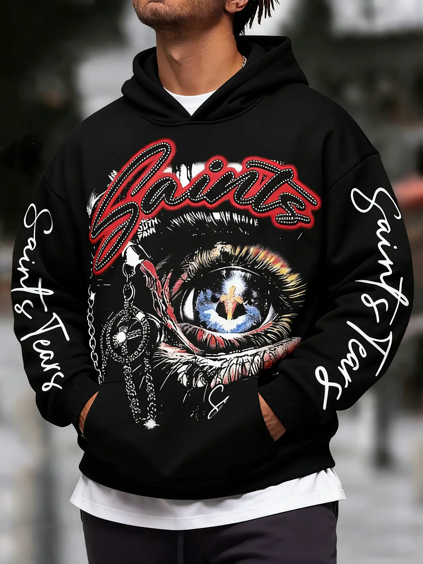 Saints Eye Oversized Hoodie, Heavyweight Print, Rhinestone Letters, Street Graffiti Style, Perfect for Cool Guys, Trendy