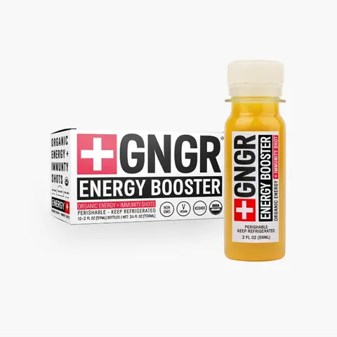 GNGR Energy Booster Shot - Organic Ginger Shots with Lions Mane 75mg Natural Caffeine Green Tea Turmeric Vitamin D & Zinc Natural Immune and Digestive Support USDA Organic Kosher Non-GMO 2 oz Shots 12 Pack - Beverage Sport Juice