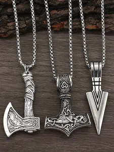 3 Piece Viking Men's Necklace Set, Nordic Compass Celtic Knot Wolf Axe Pendant, North European Alloy Carved Hammer Diamond Sports Necklace
