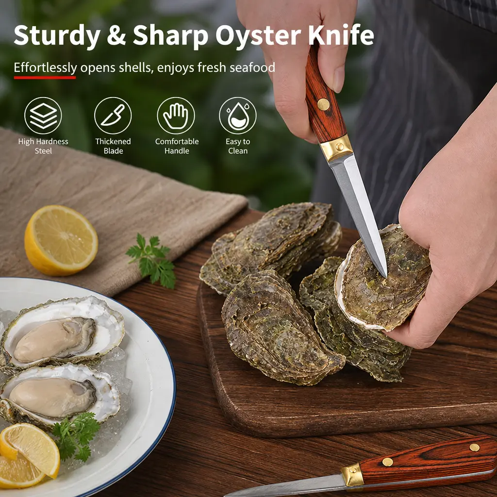 1-Count Sturdy Oyster Shucking Knife - 16cm Thickened Steel Blade, Comfortable Curved Wooden Handle, Easy to Clean Seafood Utensil for Home Kitchen, Home BBQs Preparation