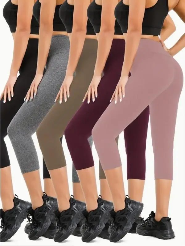 5pcs High Waisted Cropped Pants For Women, Super Soft Tummy Control No See Through Workout Running Yoga Athletic Cropped Leggings, Women's Activewear