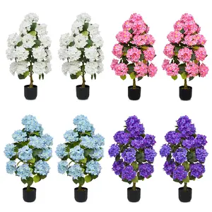 2 Pcs 3ft Artificial Hydrangea Trees - Realistic Silk Flower Pots with Pebbles for Indoor Home Office & Outdoor Patio Porch Decor