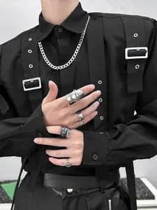 INCERUN Men Shirts Summer Spring Tops Solid Color Lace-Up Long Sleeve Men's Clothing Menswear Oversized Casual Shirt Male Streetwear