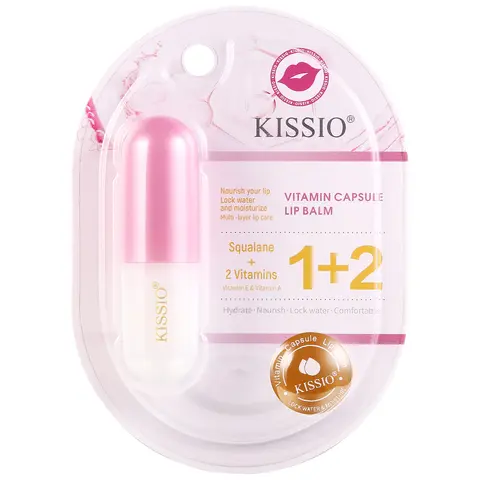 KISSIO Vitamin Capsule Lip Balm - 0.12 oz Adult Lip Treatment with Cocoa Seed Butter, Macadamia Seed Oil, Euphorbiacerifera (Candelilla) Wax, Copernicia Cerifera (Carnauba) Wax, Vitamin A+E for Repair, Moisturizing, Long-Lasting Hydration
